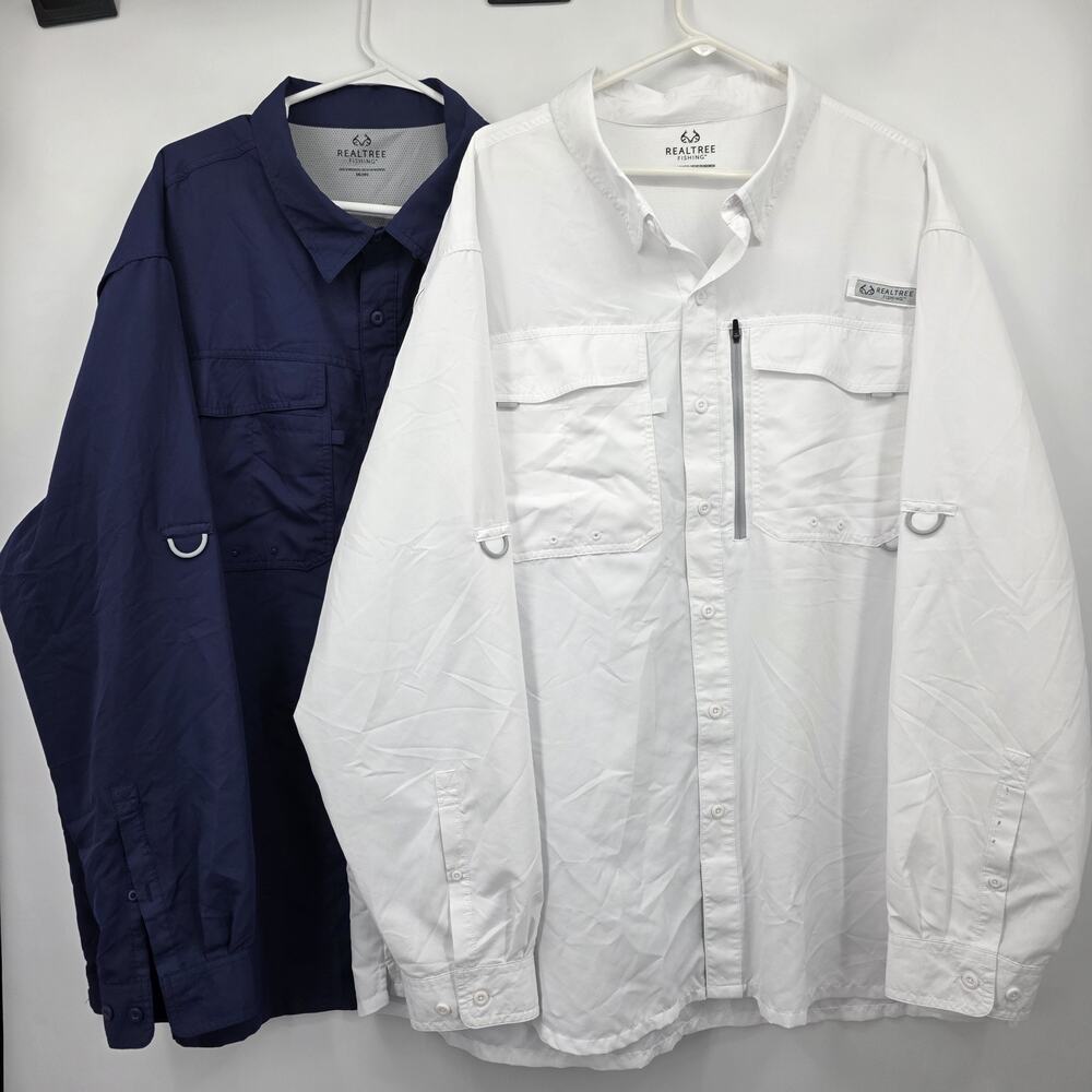 Lot of 2 REALTREE Fishing Shirts 3XL Blue & White Performance Vented Long Sleeve